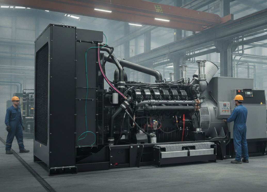 Industrial diesel generator - side view showing complete power generation unit for rental in Dubai and Abu Dhabi UAE